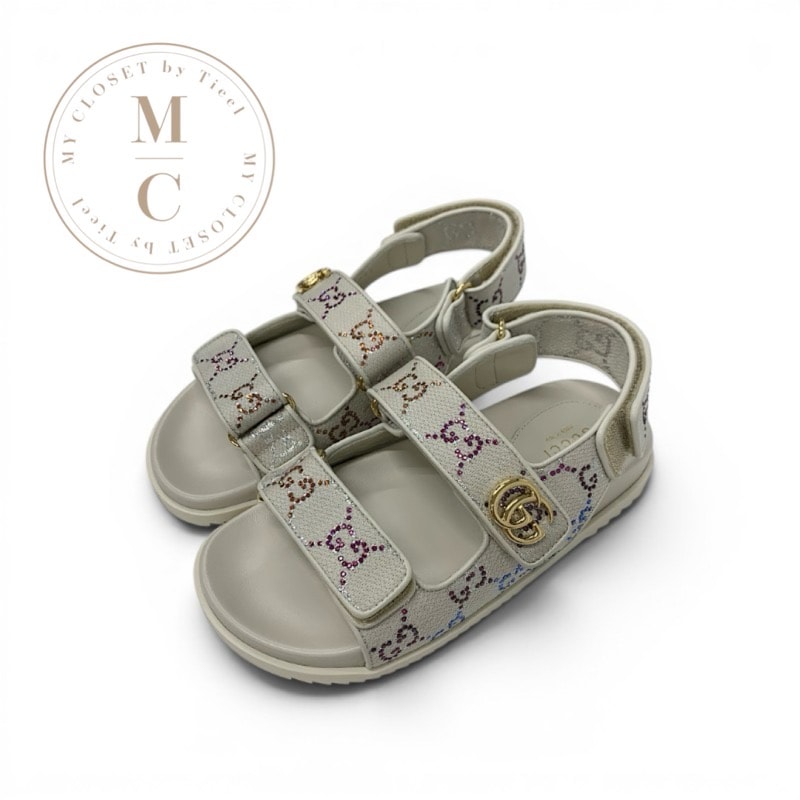 グッチ GUCCI ダブルG サンダル 靴 シューズ ファブリック レザー アイボリー マルチカラー ゴールド GGマーモント ラインストーン