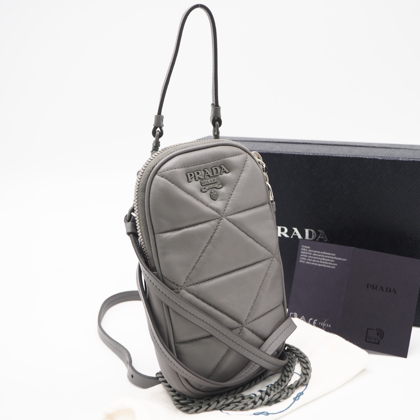 美品 PRADA プラダ ナッパ スペクトラム インプントゥ フォンポーチ 1DH030 2wayショルダーバッグ グレー ラムスキン レディース