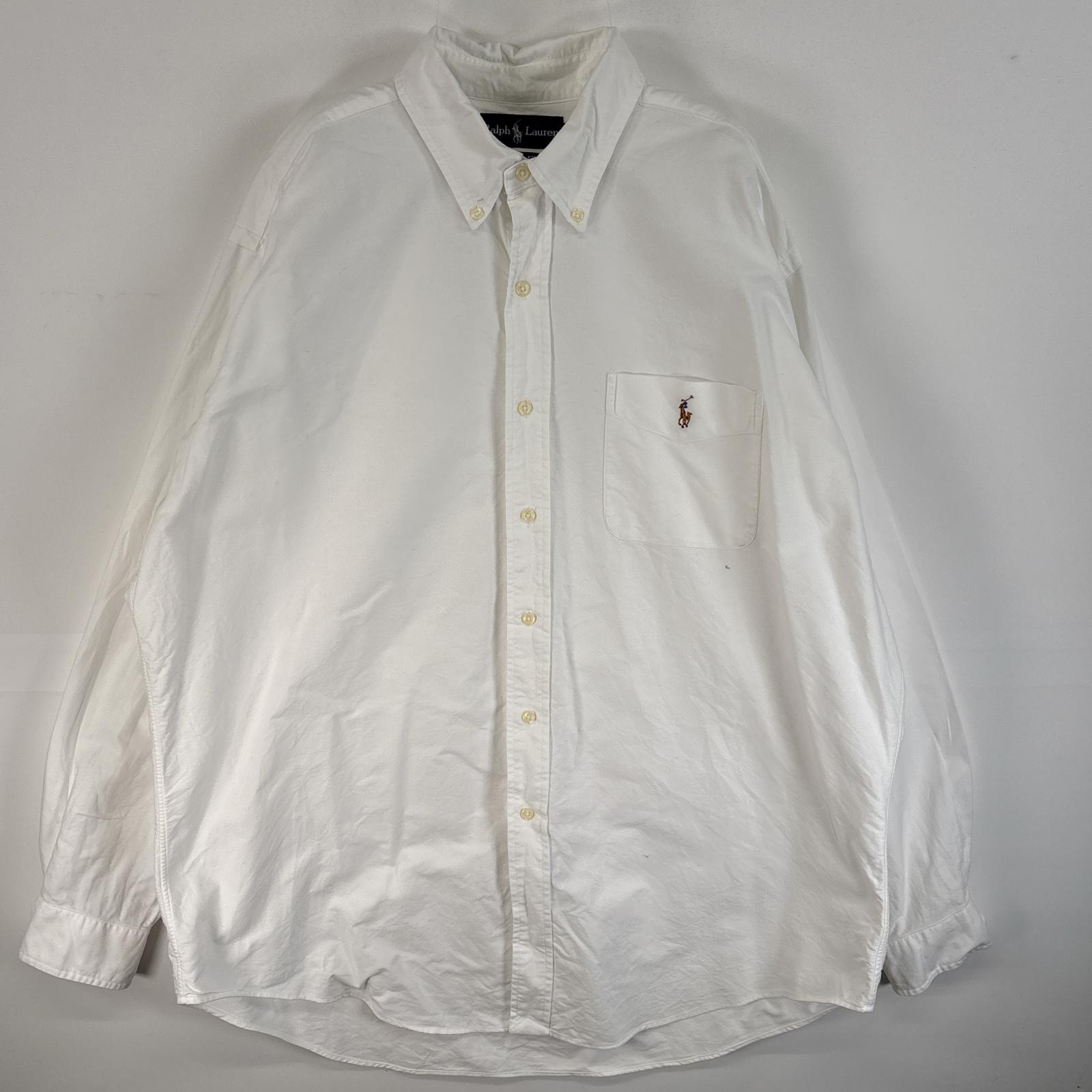 古着 ラルフローレン RALPH LAUREN 長袖シャツ ボタンダウン ロゴ 刺繍 オックスフォード XL  ホワイト 無地 メンズ