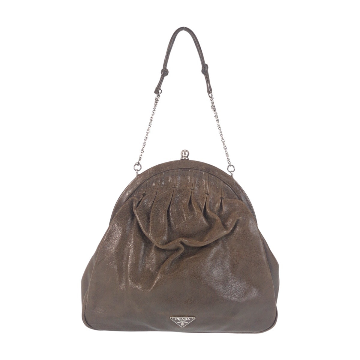 美品 PRADA プラダ 三角ロゴプレート ブラウン シルバー金具 レザー ハンドバッグ アクセサリーポーチ 601311 【中古】