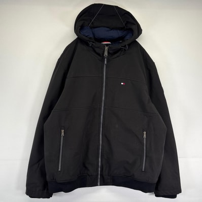 古着 トミーヒルフィガー TOMMY HILFIGER ナイロンジャケット フルジップ 中綿 シェル ワンポイント 2XL ブラック メンズ
