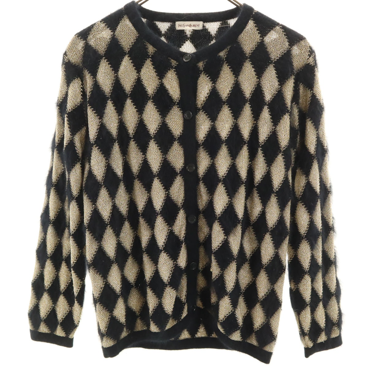 YVES SAINT LAURENT イヴサンローラン 90s オールド ダイヤ柄 長袖 ニットカーディガン 36 ブラック