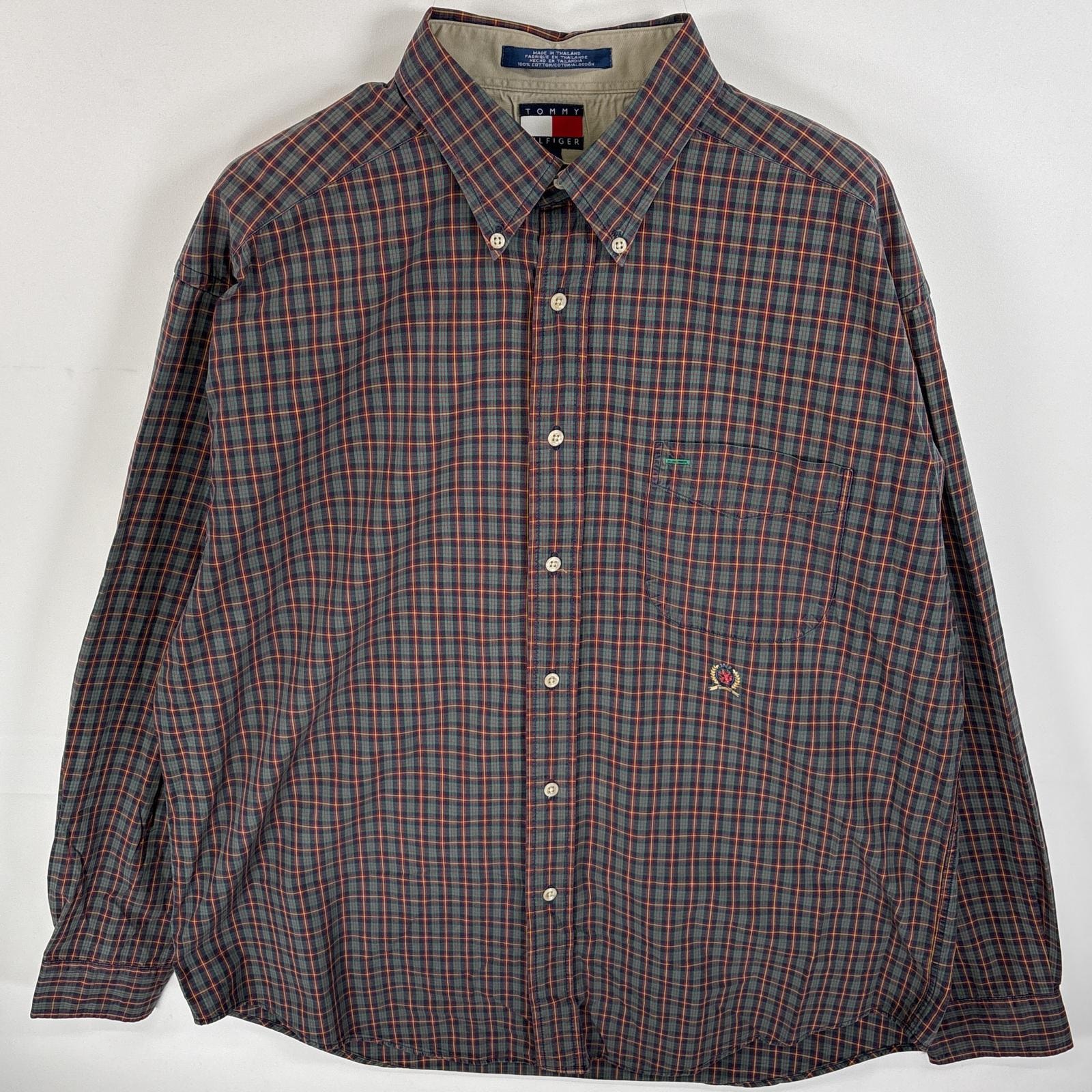 古着 90's/90年代 トミーヒルフィガー TOMMY HILFIGER 長袖シャツ ボタンダウンシャツ ワンポイント 刺繍 ロゴ 胸ポケ L グリーン系 チェック メンズ