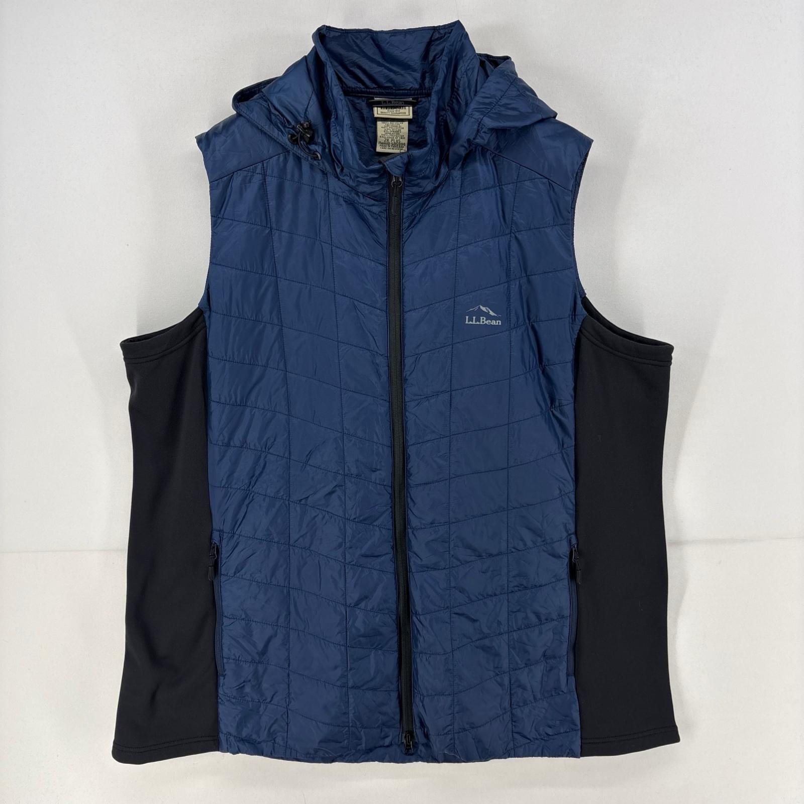 古着 エルエルビーン L.L.Bean ベスト フルジップ ワンポイント ロゴ フード付 プリマロフト 中綿 2X PLUS  ネイビー メンズ