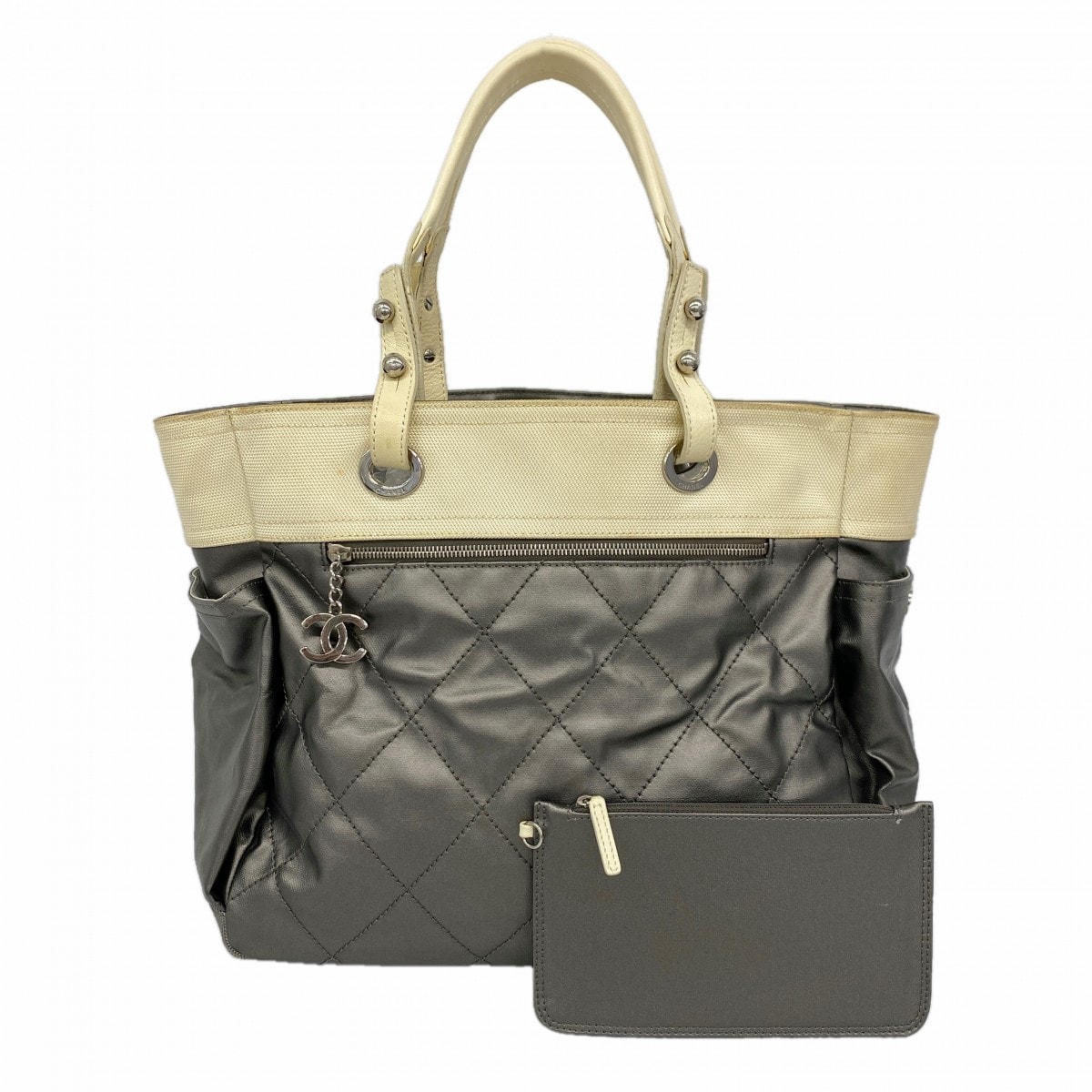 【6dc3655】シャネル トートバッグ パリビアリッツ レザー シルバー ベージュ シルバー金具【中古】レディース