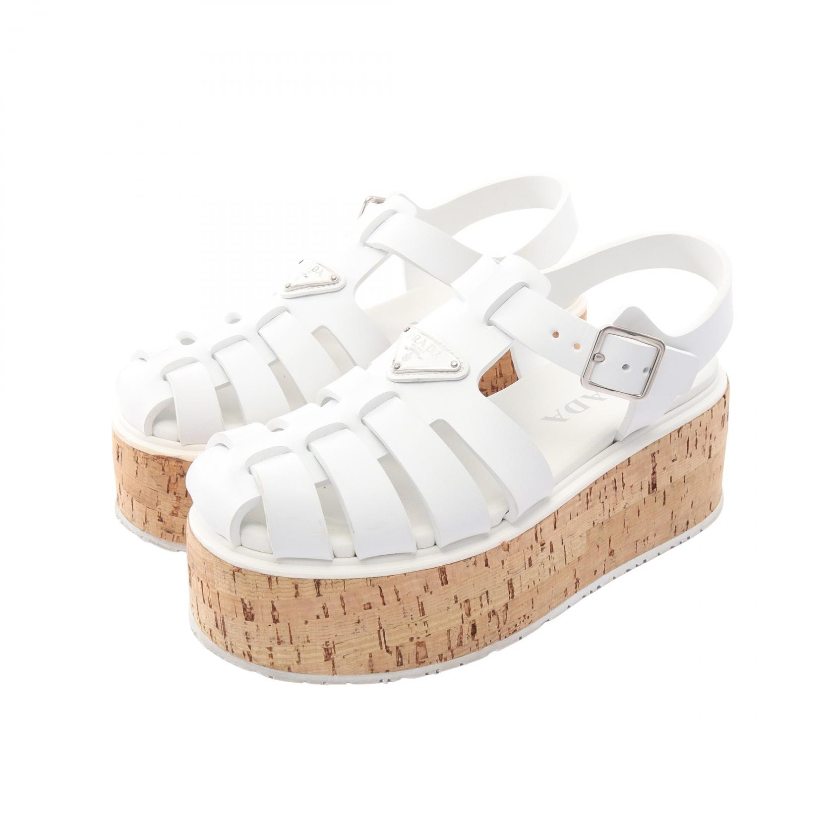 プラダ PRADA トライアングルロゴ プラットフォーム サンダル 靴 ラバー / コルク レディース ホワイト系 【中古】