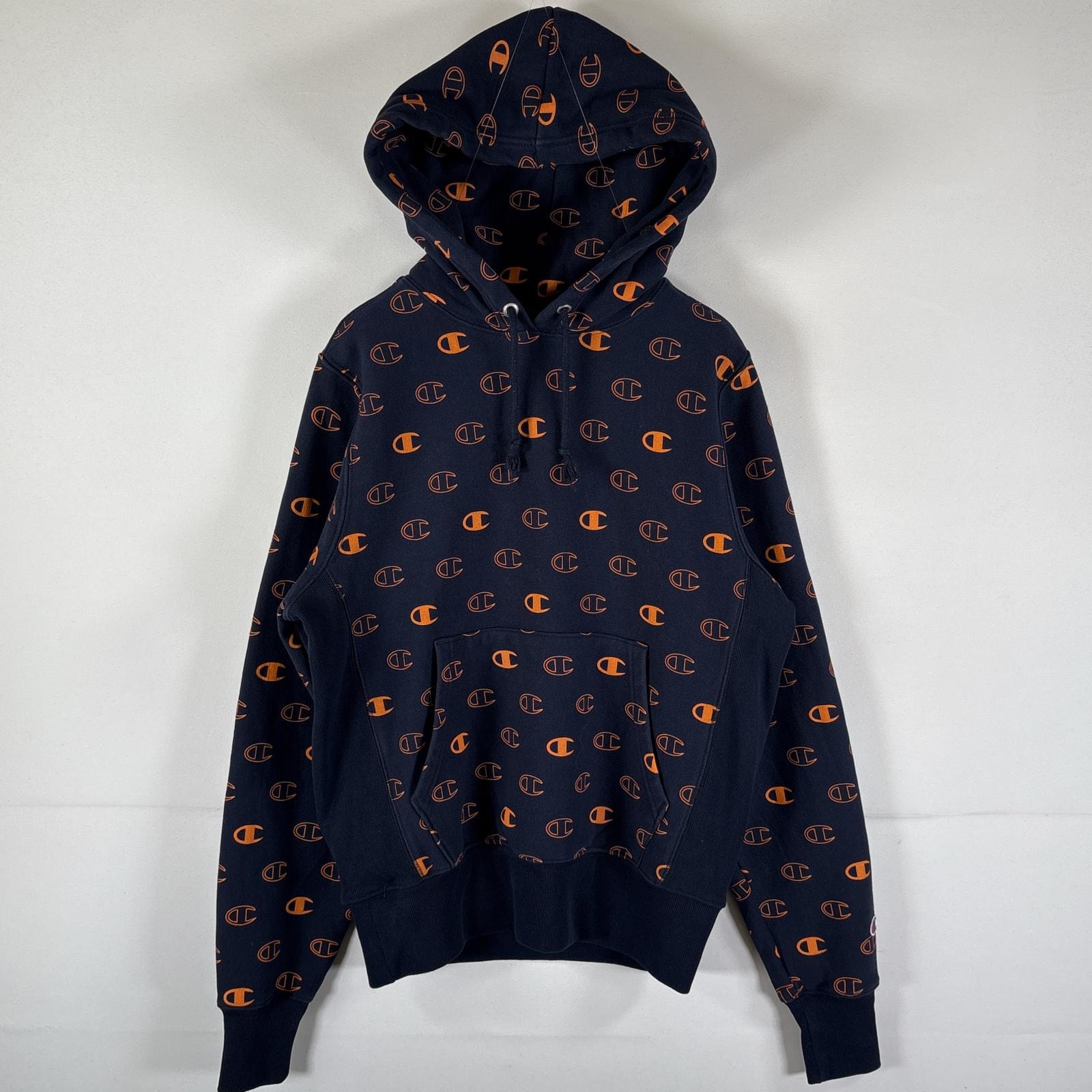 古着 チャンピオン Champion パーカー リバースウィーブ スウェット ロゴプリント プルオーバー  フーディ SMALL  ネイビー 総柄 メンズ