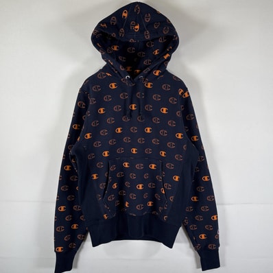 古着 チャンピオン Champion パーカー リバースウィーブ スウェット ロゴプリント プルオーバー フーディ SMALL ネイビー 総柄 メンズ