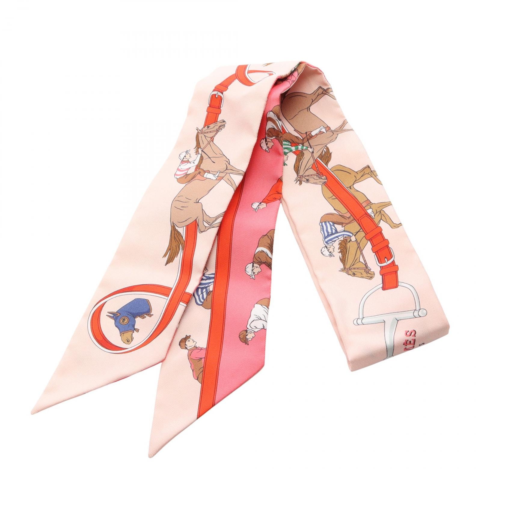 エルメス HERMES ツイリー TURF LES COURSES リボン スカーフ 衣料品 シルク シルク ピンク レディース ピンク系 / マルチカラー H061144S 【中古】