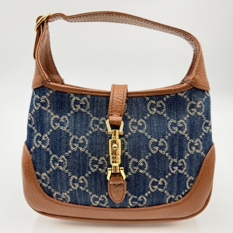 GUCCI(グッチ)ジャッキー1961 GGデニム ミニバッグ ショルダーバッグ/ハンドバッグ ネイビー系デニム×ブラウンレザー ゴールドトーン金具 レディース