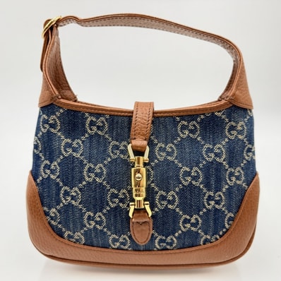 GUCCI(グッチ)ジャッキー1961 GGデニム ミニバッグ ショルダーバッグ/ハンドバッグ ネイビー系デニム×ブラウンレザー ゴールドトーン金具 レディース