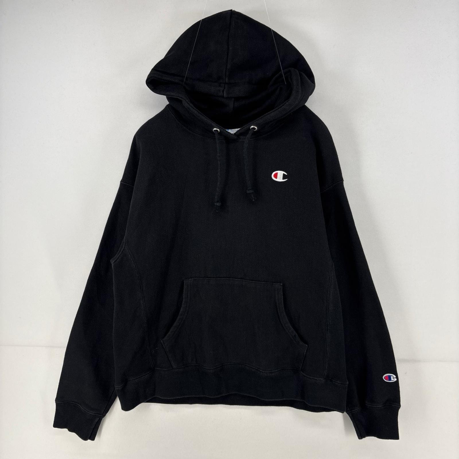 古着 チャンピオン Champion パーカー プルオーバー ワンポイント ロゴ 刺繍 リバースウィーブ スウェット L ブラック メンズ