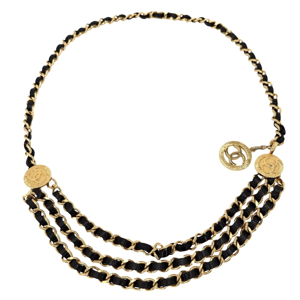 CHANEL シャネル ベルト メダル チェーンベルト ファッションアイテム ココマーク ヴィンテージ GP  レザー   ブラック 黒 ゴールド金具 レディース 1984年【中古品】