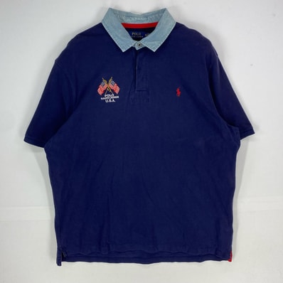 古着 ポロ・ラルフローレン POLO RALPH LAUREN デニム 半袖シャツ ラガーシャツ ワンポイント ポロシャツ 2XL ネイビー系 メンズ