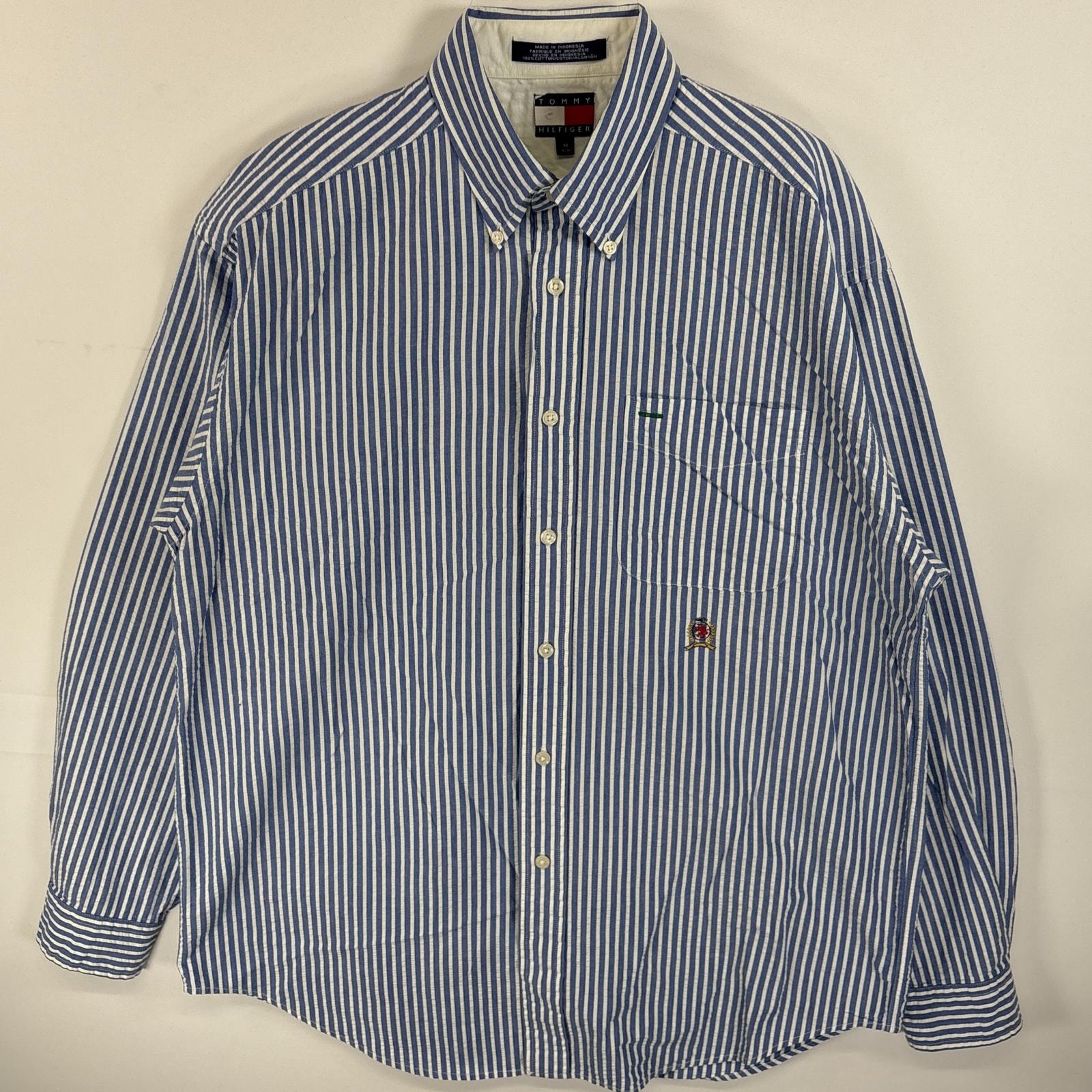 古着 90's/90年代 トミーヒルフィガー TOMMY HILFIGER シアサッカー 長袖シャツ ボタンダウンシャツ ワンポインロゴ 刺繍 胸ポケ M  ブルー系 ストライプ メンズ