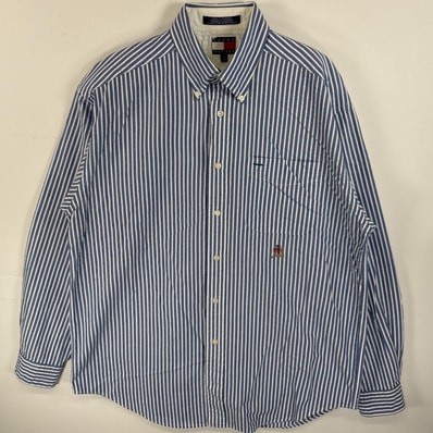 古着 90's/90年代 トミーヒルフィガー TOMMY HILFIGER シアサッカー 長袖シャツ ボタンダウンシャツ ワンポインロゴ 刺繍 胸ポケ M ブルー系 ストライプ メンズ