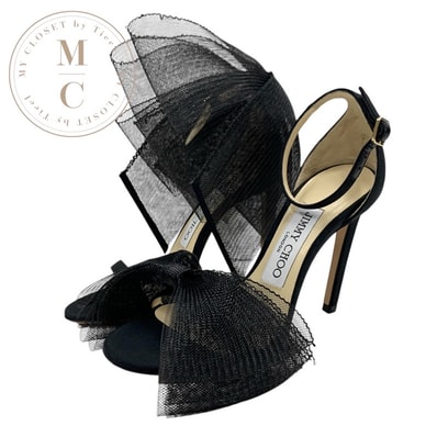 ジミーチュウ JIMMY CHOO サンダル 靴 シューズ ファブリック ブラック 黒 未使用 リボン チュール