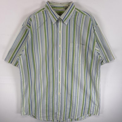 古着 エルエルビーン L.L.Bean 半袖シャツ ボタンダウンシャツ ストライプ 胸ポケ M ブルー系 マルチカラー メンズ