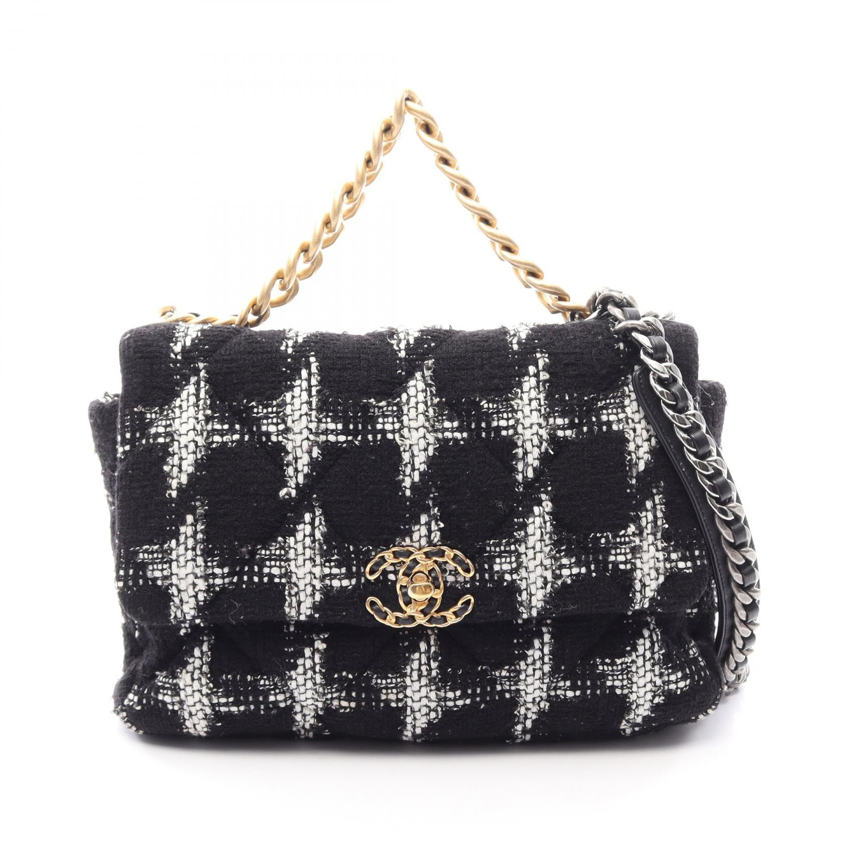 シャネル CHANEL 19 ディズヌフ マトラッセ コンビ金具 2WAY ショルダーバッグ バッグ ファブリック レザー レディース ブラック系 / ホワイト系 AS1161 【中古】