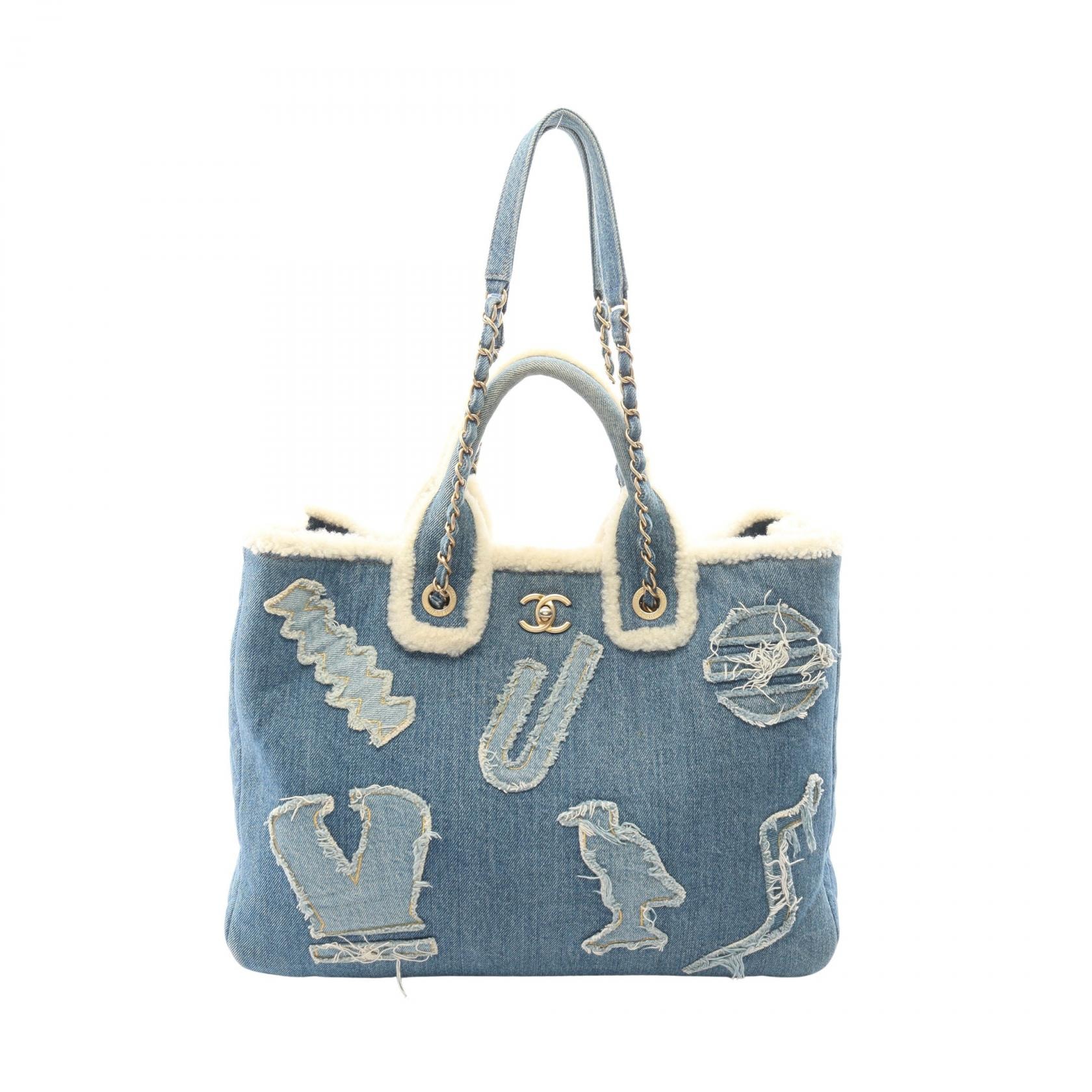 シャネル CHANEL ラージ ショッピングバッグ 2WAY トートバッグ バッグ デニム ムートン レディース ブルー系 / ホワイト系 AS0759 【中古】