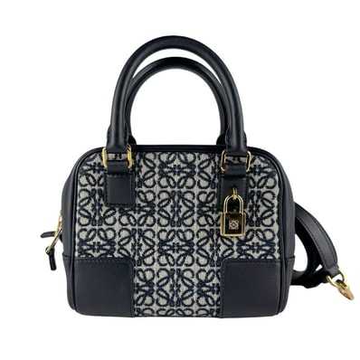 ロエベ LOEWE ハンドバッグ ショルダーバッグ アマソナ19 レザー/ジャガードキャンバス ネイビー/ブラック ゴールド レディース【中古】 z9905