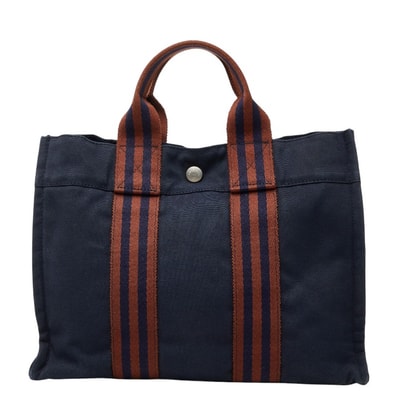エルメス フールトゥPM ミニ トートバッグ ハンドバッグ ネイビー ブラウン キャンバス レディース HERMES 【中古】