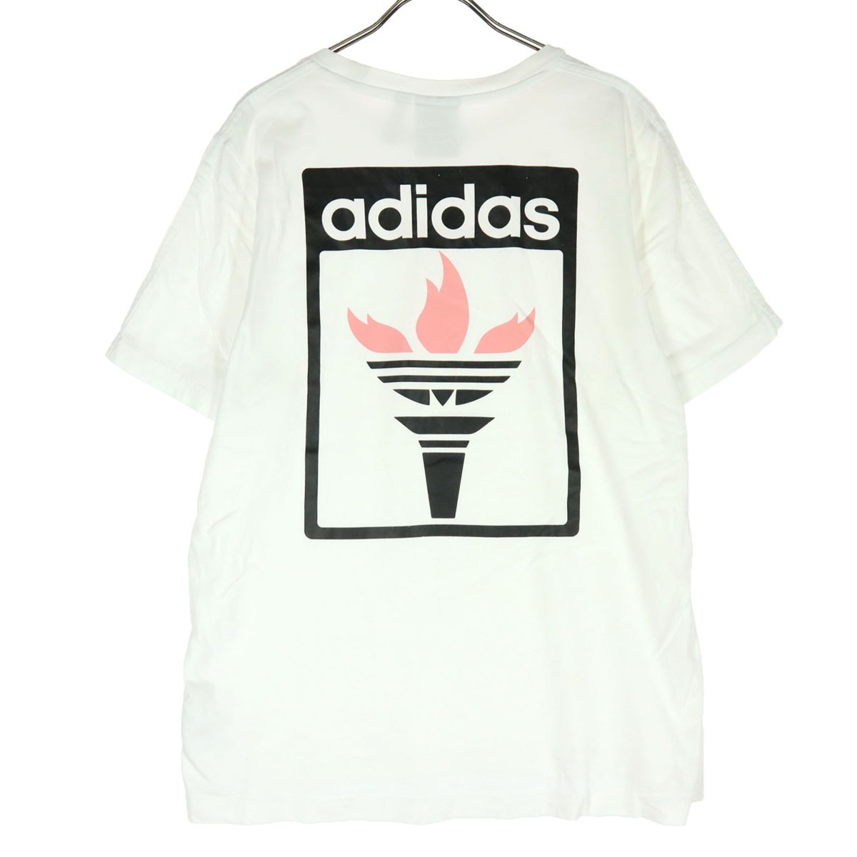 C やや傷や汚れあり adidas アディダス バックプリント トレフォイルロゴ 半袖 Tシャツ L アイボリーの古着・中古ストリートウェアを買うなら