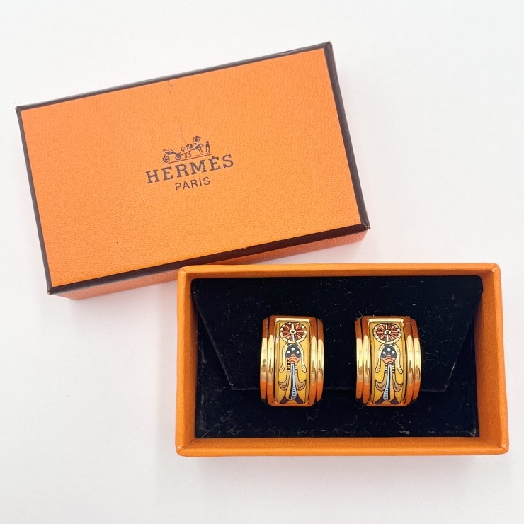 HERMES(エルメス)エマイユ イヤリング クリップ式 七宝焼 ゴールドカラー マルチカラー 箱付き【中古】