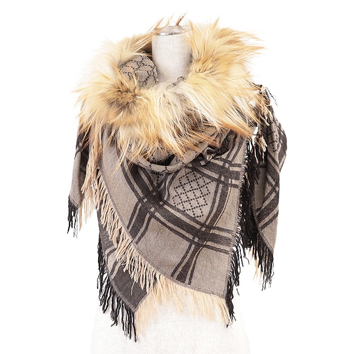 グッチ GGスプリーム アフガンストール ウール / シルク フォックスファー スカーフ ユニセックス ブラウン系 GUCCI