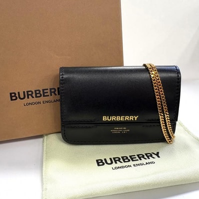 【美品】バーバリー ホースフェリー カードケース ブラック チェーン ミニショルダーバッグ 名刺入れ レザー 8011478 BURBERRY 正規品 鑑定済み
