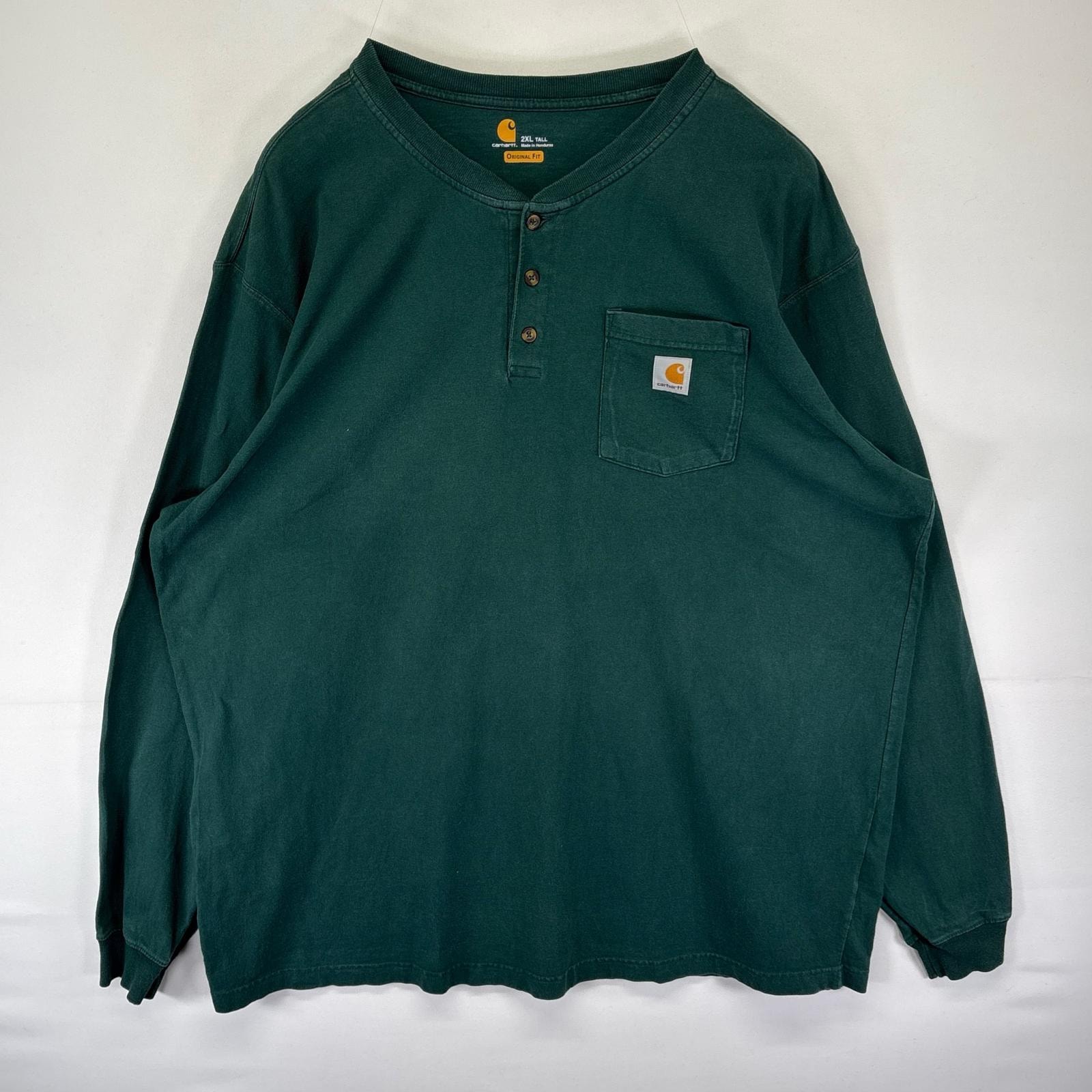 古着 カーハート Carhartt 長袖Tシャツ ヘンリーネック ワンポイント 胸ポケット ロンT 大きいサイズ 2XL  グリーン系 メンズ