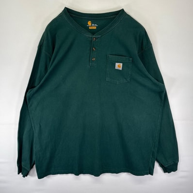 古着 カーハート Carhartt 長袖Tシャツ ヘンリーネック ワンポイント 胸ポケット ロンT 大きいサイズ 2XL グリーン系 メンズ