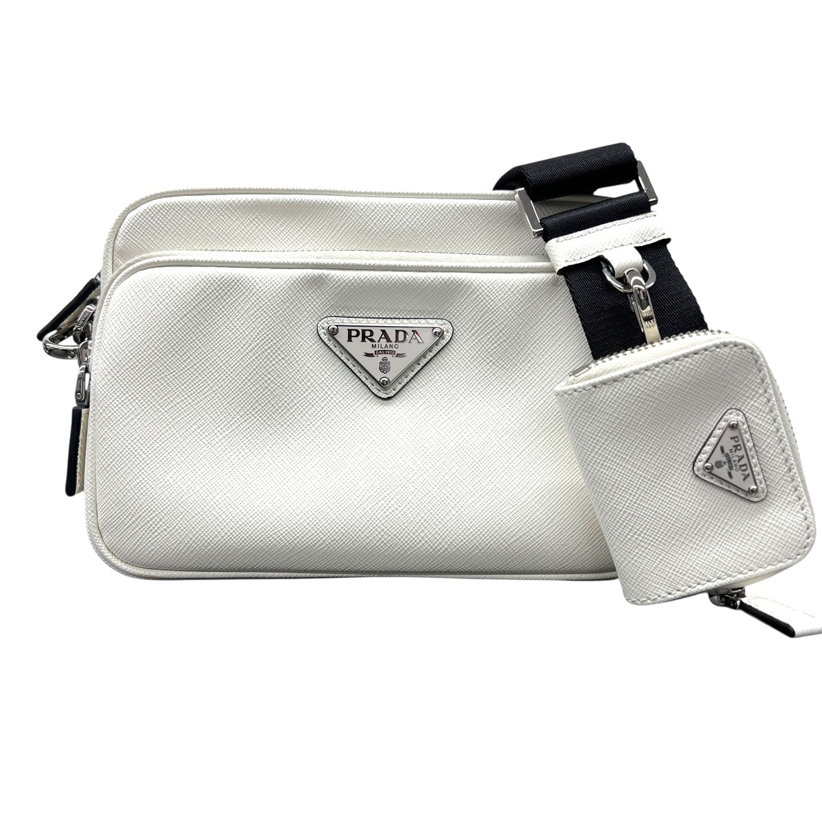 PRADA 希少 極美品 プラダ ブリック サフィアーノレザー バッグ ショルダーバッグ 2VH173 ホワイト クロスボディ ポシェット トライアングルロゴ 三角プレート ロゴプレート Aランク 鑑定済 中古 プラダバッグ【定価396,000円】