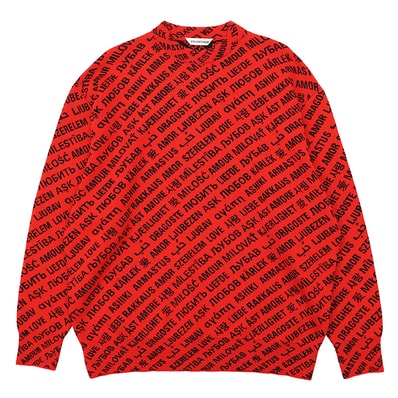 【新品同様】BALENCIAGA バレンシアガ 長袖 ニット サイズ XS メンズ 2020AW LOVE Language 総柄 オーバーサイズ トップス レッド ブラック 黒 赤