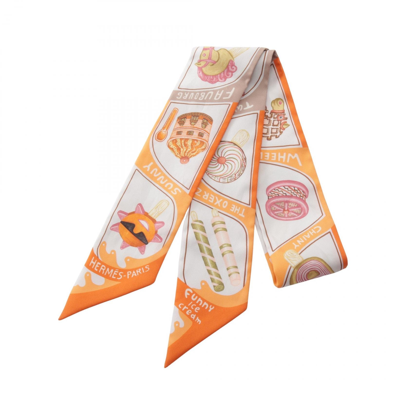 エルメス HERMES ツイリー FUNNY ICE CREAM リボン スカーフ 衣料品 シルク シルク オレンジ レディース オレンジ系 / ホワイト系 / マルチカラー 【中古】