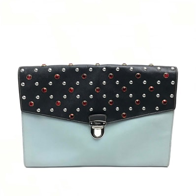 プラダ PRADA ビジュー×スタッズ VR074C サフィアーノ カバン フラップ クラッチバッグ レザー ブラック