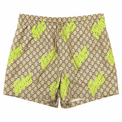 【未使用】GUCCI グッチ ハーフパンツ サイズ M メンズ 2025年製 ショート GGスプリーム ロゴ プリント テクニカルポプリン ビーチ 水着 海パン ボトムス ハンガー付属 ベージュ ライトグリーン 緑 イタリア製