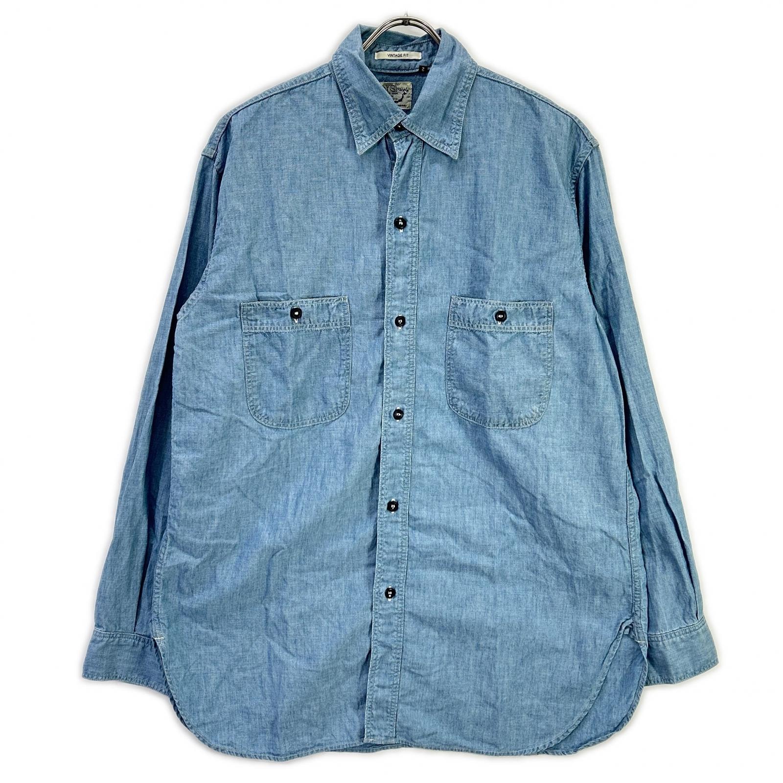 オアスロウ vintage fit ブルー ワークシャンブレーシャツ ユーズド加工 2