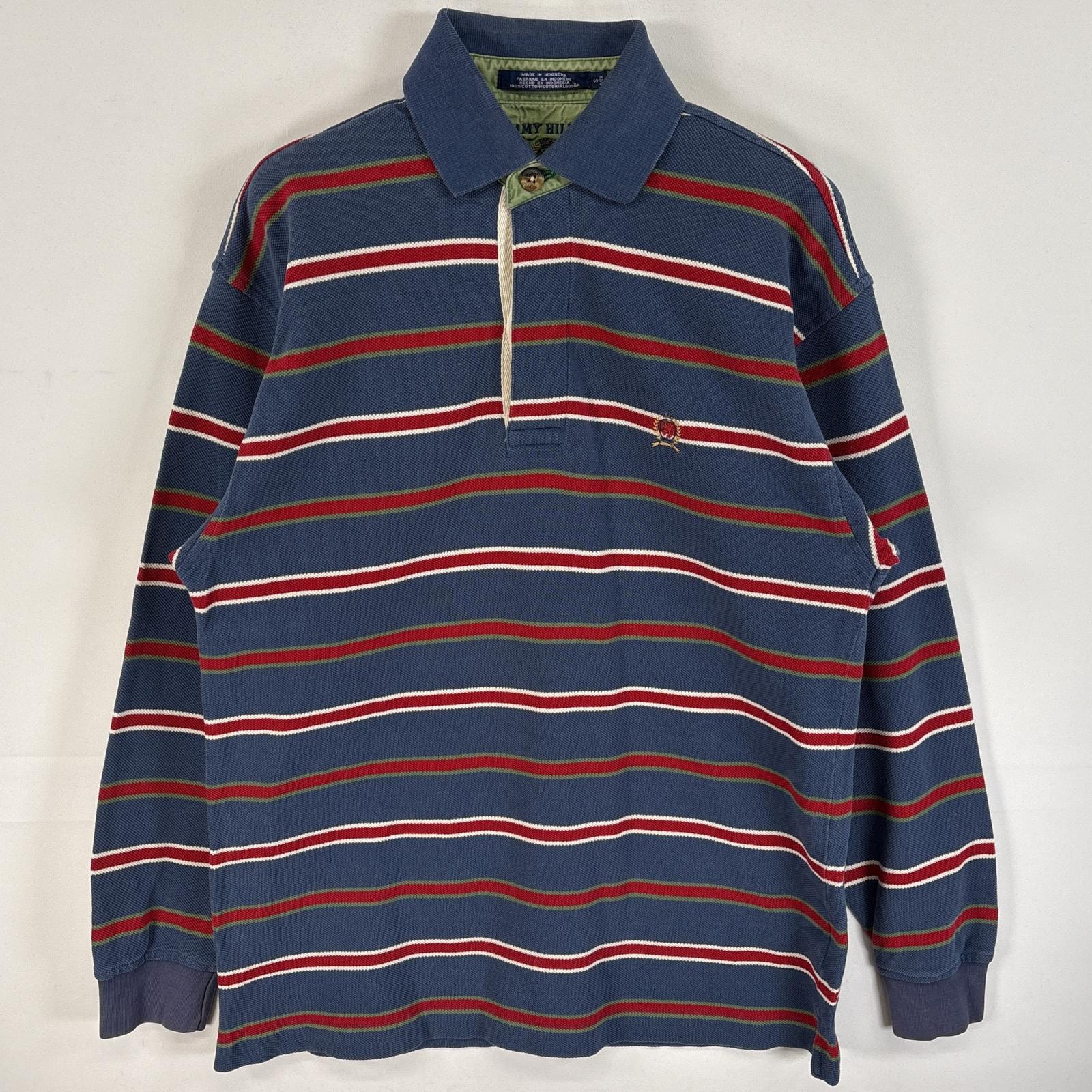 古着 90's/90年代 トミーヒルフィガー TOMMY HILFIGER 鹿の子 長袖 ポロシャツ ワンポイント ロゴ 刺繍 スナップボタン 厚手 S  ブルー系 マルチカラー メンズ