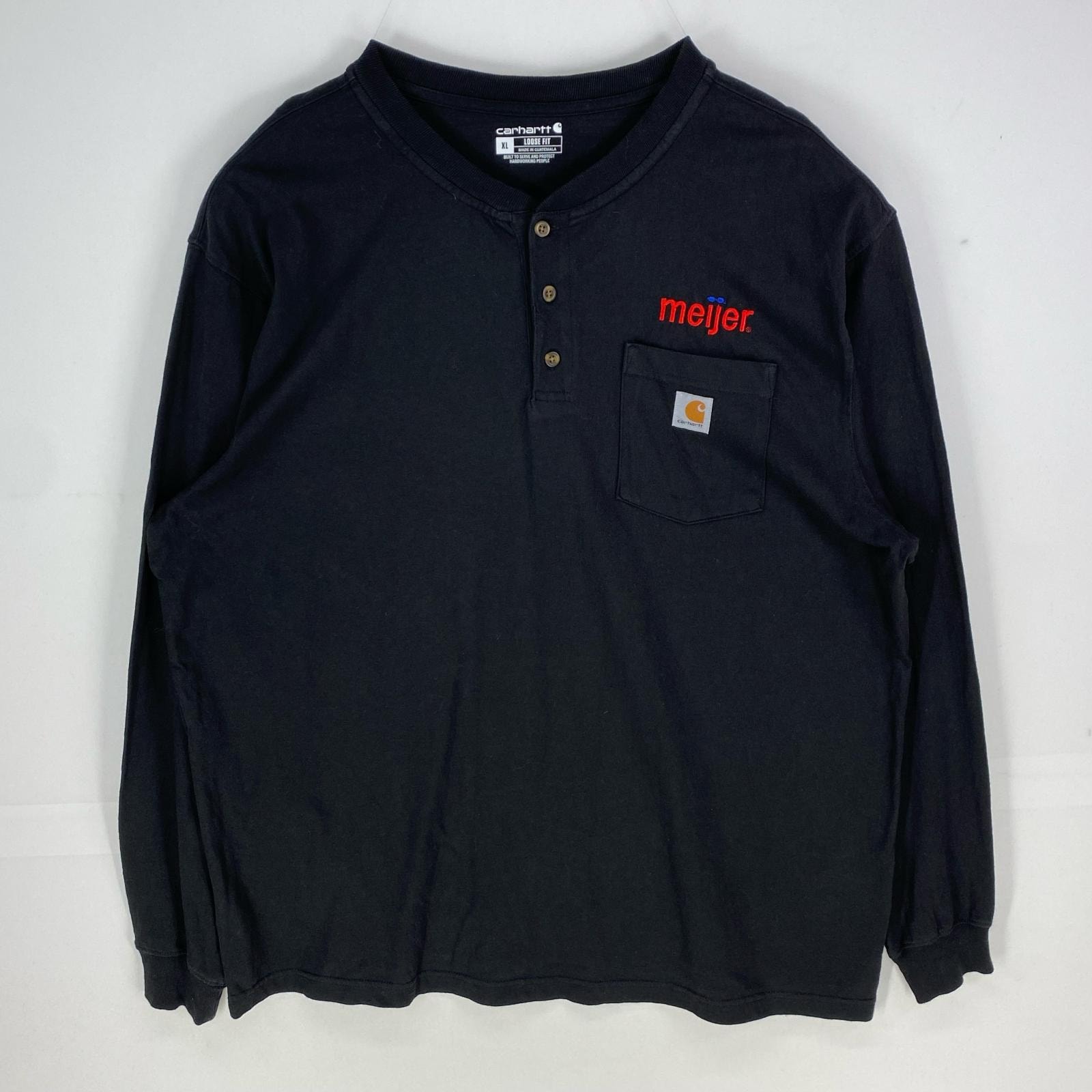 古着 カーハート Carhartt 長袖Tシャツ ヘンリーネック ワンポイントロゴ ショートスリーブ 企業ロゴ XL  ブラック系 メンズ