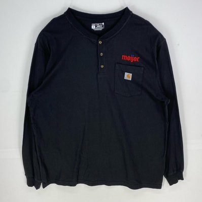 古着 カーハート Carhartt 長袖Tシャツ ヘンリーネック ワンポイントロゴ ショートスリーブ 企業ロゴ XL ブラック系 メンズ