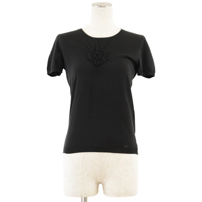 美品 シャネル 03C P20468 シャーリングカメリア 半袖 ニット レディース ブラック 38 CHANEL