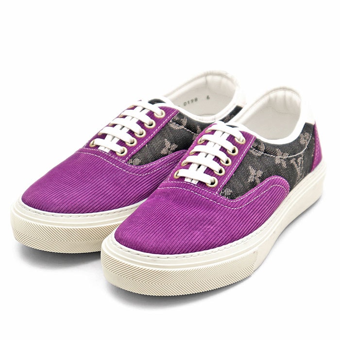 LOUIS VUITTON ルイ・ヴィトン デッキスニーカー トロカデロライン デニム x コーデュロイ コンビネーション 2018年製 LV ロゴ モノグラム レースアップ カップインソール シューズ 靴 メンズ 6 パープル ブラック 紫 黒 イタリア製