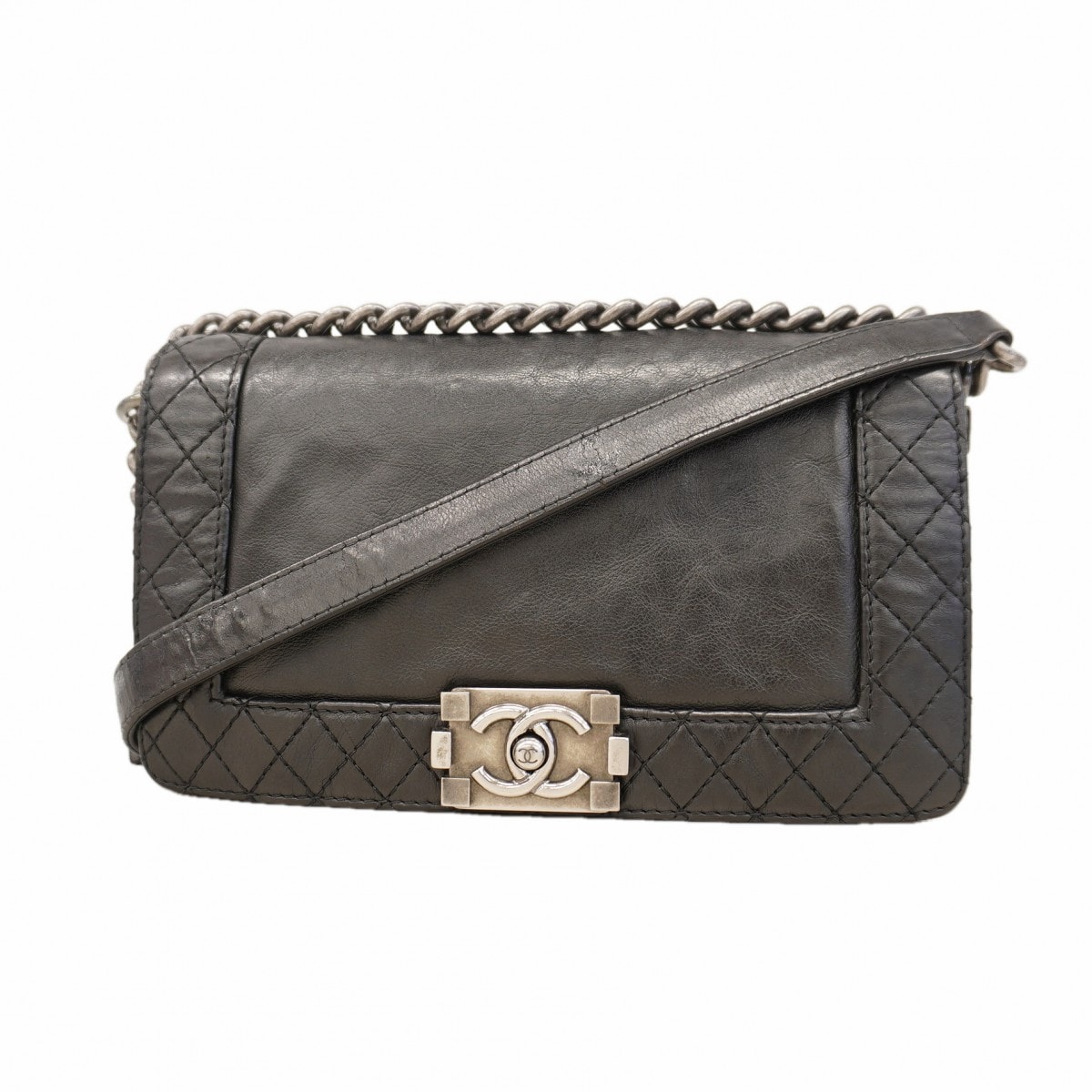 【6de5731-k】シャネル ショルダーバッグ ボーイシャネル チェーンショルダー カーフスキン ブラック シルバー金具【中古】レディース
