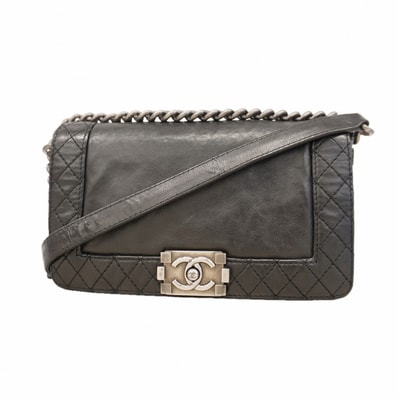 【6de5731-k】シャネル ショルダーバッグ ボーイシャネル チェーンショルダー カーフスキン ブラック シルバー金具【中古】レディース