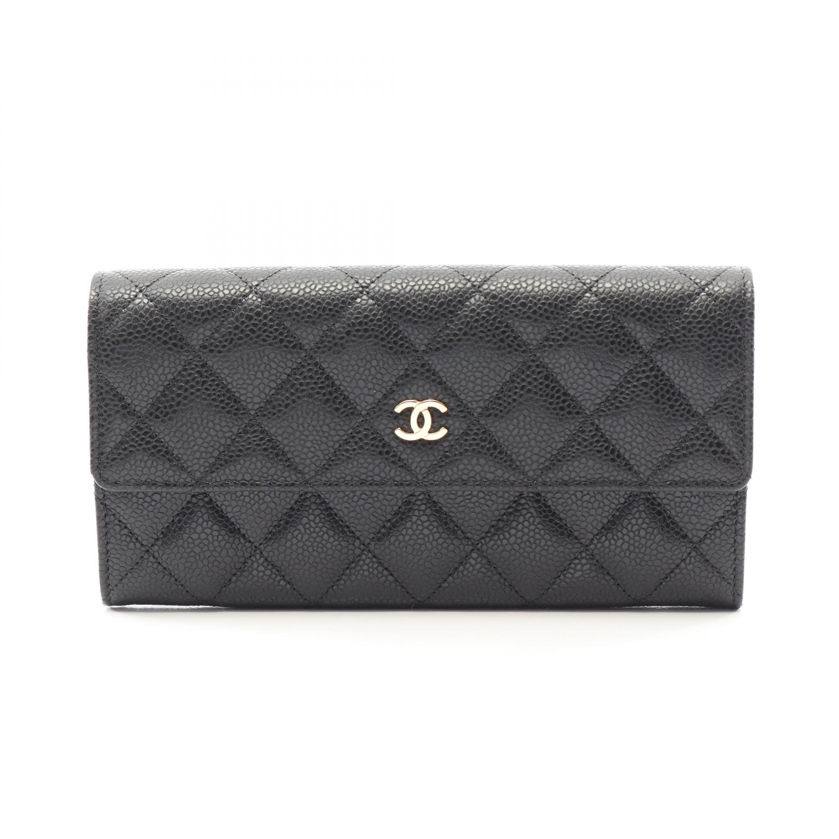 シャネル CHANEL マトラッセ 二つ折り長財布 財布 キャビアスキン(グレインドカーフ) レディース ブラック系 【中古】