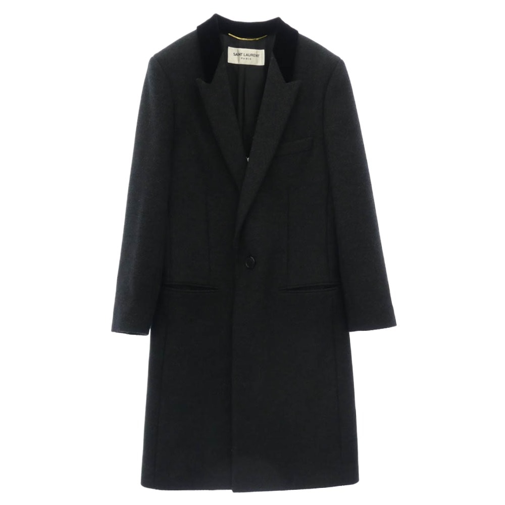 SAINT LAURENT サンローラン コート 495443 Y039R ベロア 切替 ロング チェスターコート ダークグレー系【美品】【中古】