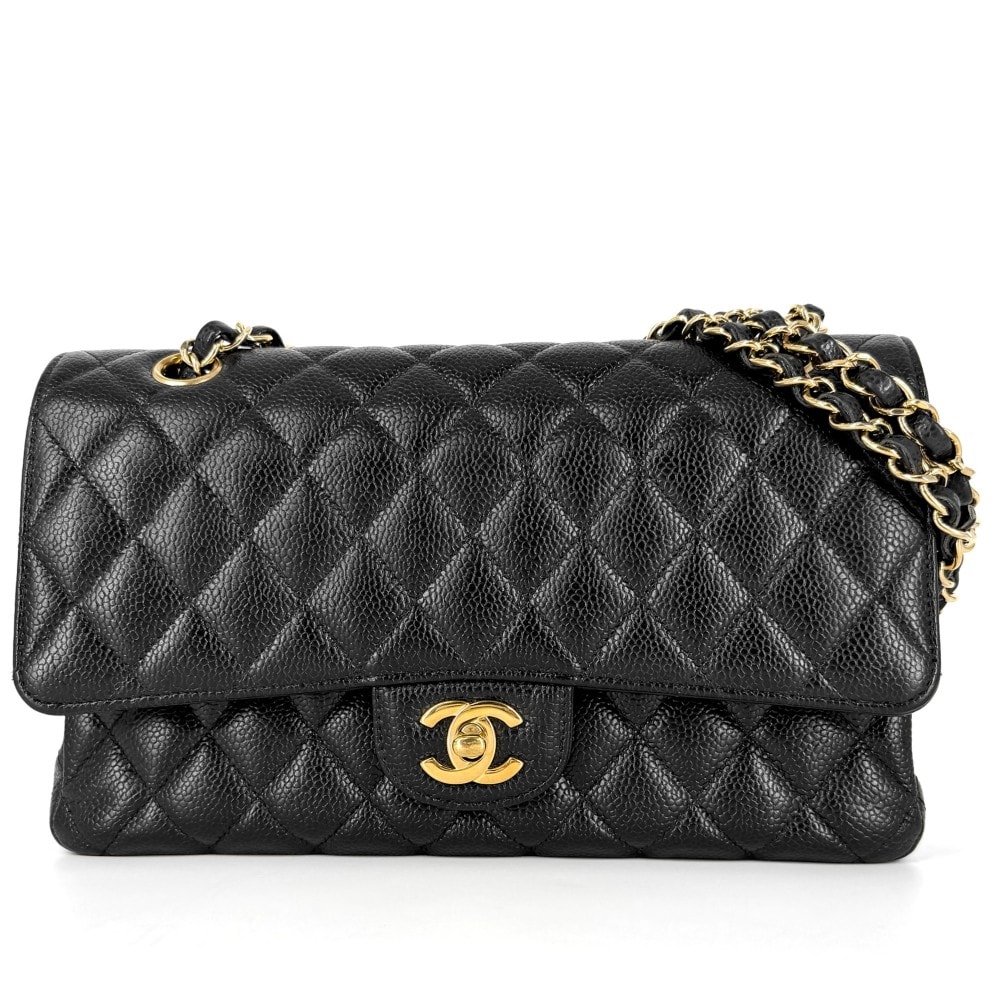 CHANEL シャネル ショルダーバッグ マトラッセ25 ダブルチェーン ココマーク ダブルフラップ 肩掛け 斜め掛け  キャビアスキン   ブラック 黒 ゴールド金具 レディース 美品【中古品】