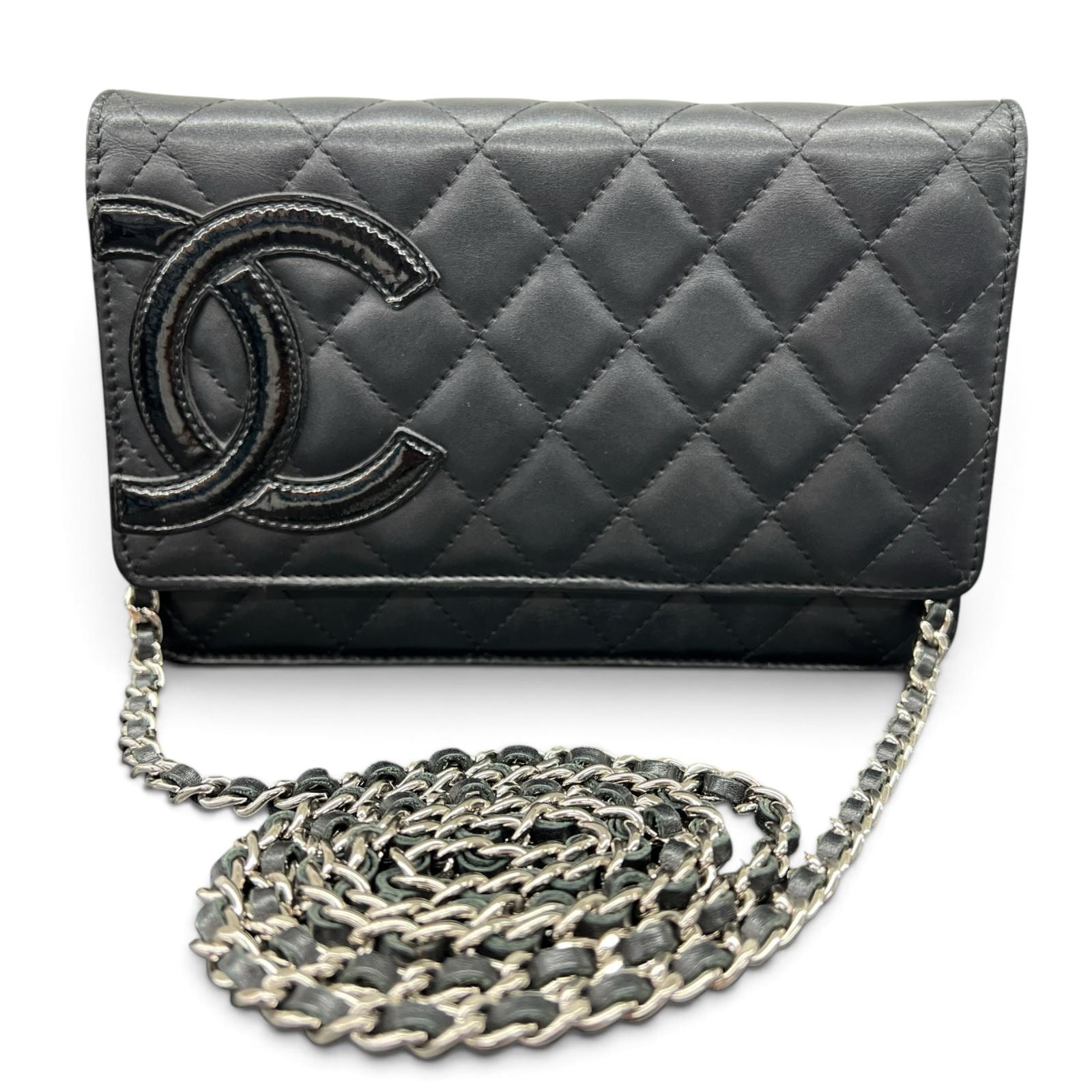CHANEL 美品 シャネル カンボンライン マトラッセ ココマーク チェーンショルダーバッグ チェーンウォレット ラムスキン 14番台シリアル ブティックシール付 エナメル レザー ブラック ミニマト ポシェット ABランク 中古 鑑定