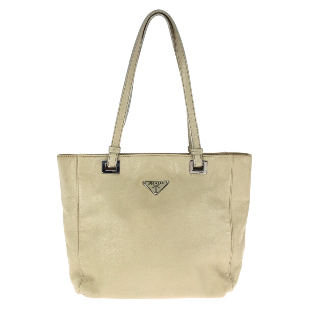 PRADA プラダ 三角ロゴプレート ベージュ シルバー金具 レザー トートバッグ ショルダーバッグ 601361 【中古】